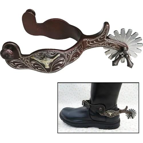 2pcs Horse Riding Bronzed Western Style Spurs Leather Belt Mild Steel Manual Carving German Silver Encrusted Western Cowboy Spur
