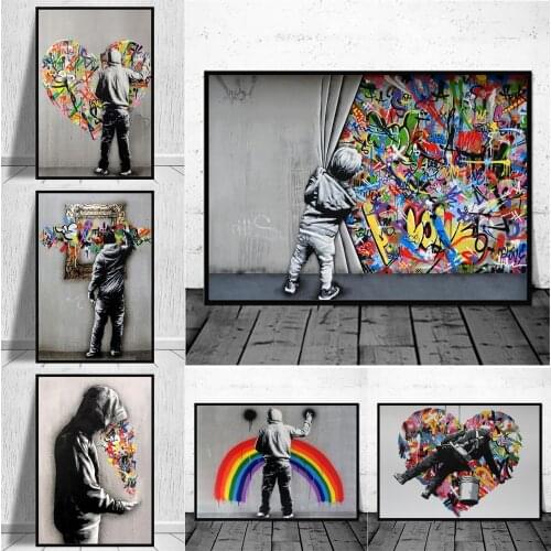 Abstract rainbow love heart Graffiti Street Art Posters And Prints Wall Pictures On Canvas Printed Painting For Living Room