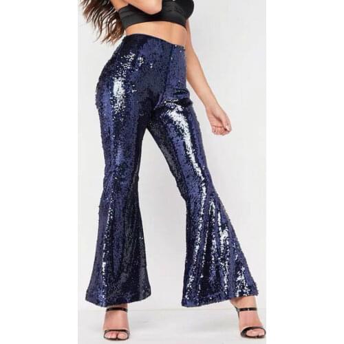 Sequin Bell Bottoms Autumn Office Lady Flare Pants Blue Shiny High Waist Sexy Party Club 90s Women Skinny Sparkly Wide Leg Pants