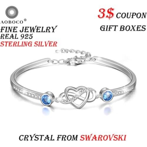 AOBOCO Brand Fine Jewelry 925 Sterling Silver infinite Heart Bangle Crystal From Swarovski For Women Girl With Gift Boxes