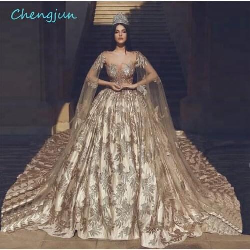 Chengjun New Deaign Gold Women Ball Gown Transparent Tops Sexy Lace Luxury Wedding Dress With Sleeves