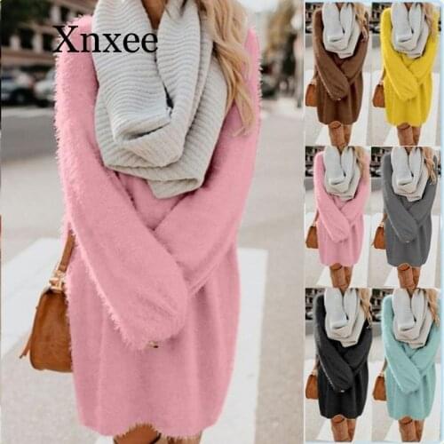 Long pink Sweater solid Loose Pullover Crew Neck O-neck Full Polyester sweater dress mini wool loose winter warm knee length