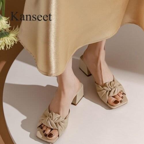 Kanseet 2021 Summer New Arrival Women Slippers Hot Sale Black Khaki Genuine Leather Leisure Handmade High Quality Mid Heel Shoes