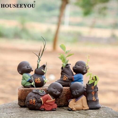 Ceramic Tea Pet Ornaments Small Buddha Statue Monk Figurine Desktop Flower Pot Hydroponic Plant Decoration Accessories