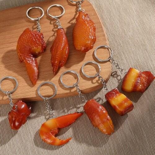 Creative Funny PVC Food Keychain Pigs Trotters Chicken Wings Soy-braised Pork Metal Keychain Key Ring Gifts