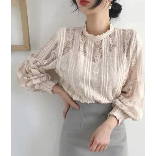 Lace cut-out with blouse, female net top, early autumn pullover, and bottom Hong Kong style shirt tops