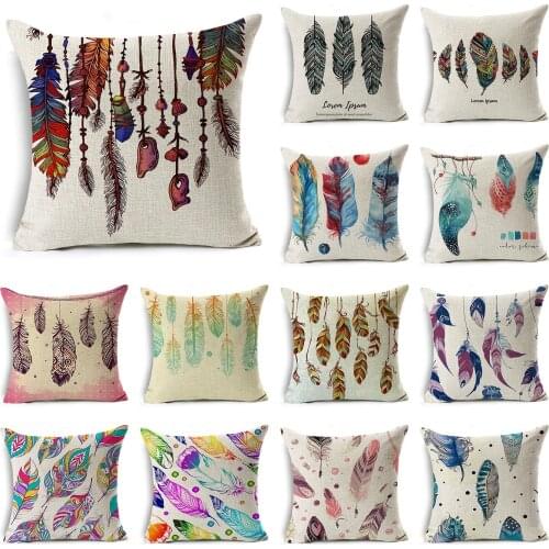 WZH Feather Pattern Linen Cushion Cover 45x45cm Linen Decorative Pillow Cover Sofa Bed Pillow Case