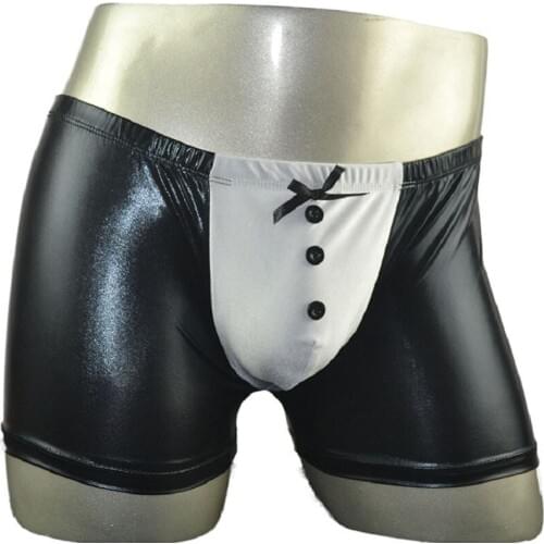 Mens sexy underwear Male faux leather trunk low-waist sexy mens bow panties boxer
