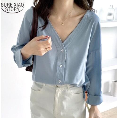 Solid Blouse Women Cotton Shirt for Women V-neck Korean Tops 2021 Autumn Plus Size Long Sleeve Cardigan Loose Office Wear 10524