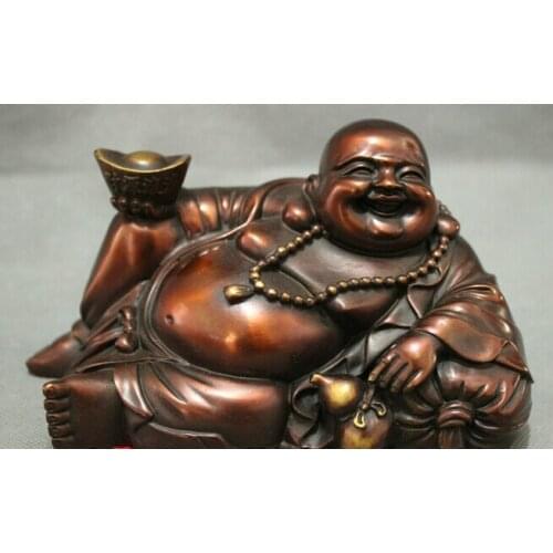 Wholesale factory Chinese Fengshui Prue Bronze Happy Laugh Maitreya Buddha Hold Yuanbao Statue AE1024 AB1025