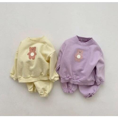 2021 Autumn Childrens Clothing Bear Baby Print Casual Boys and Girls Sweater Suit Childrens Sweater + Pants Two-piece Suit