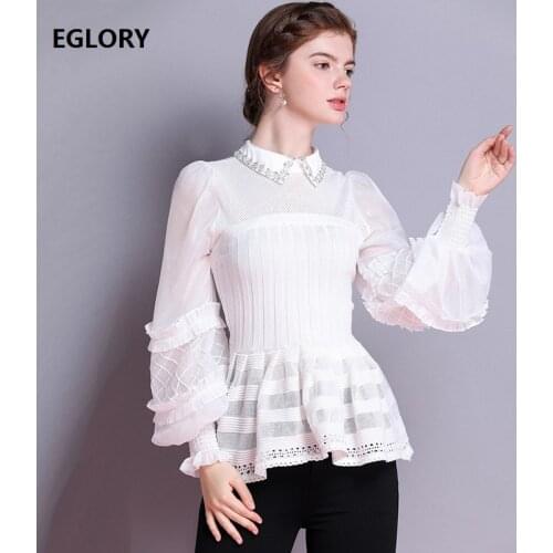 2020 Autumn Winter Fashion Pullovers High Quality Women Beading Turn-down Collar Lantern Sleeve Vintage White Wine Red Sweaters