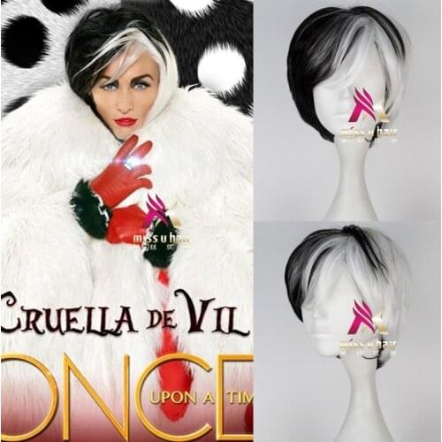 Deville Cruella De Vil Cosplay Wig One Hundred and One Dalmatians DeVil Wigs Half White Half Black Layered Cosplay Wig +wig cap