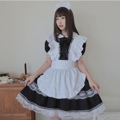 S-5XL Men Maid Cosplay Costumes Women Sexy Knee Length Lolita Collection Black Cafe Shop Waitress Fancy Dress Headwear Apron