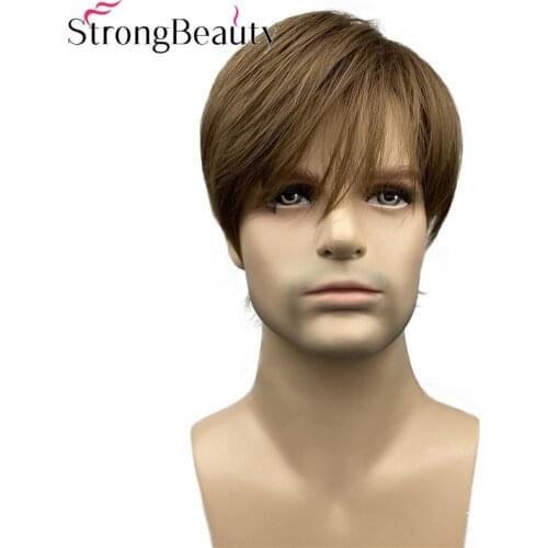 StrongBeauty Short Straight Men Wigs Golden Brown Hair Heat Resistant Capless Synthetic Wig