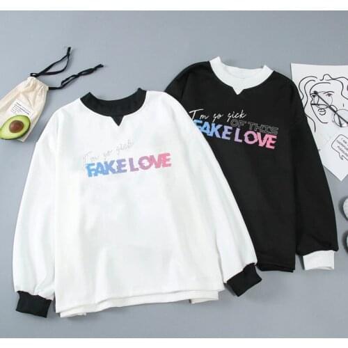 Kpop Fake Love Letter Printing winter Sweatshirt Women Long sleeve sweatshirt Fashion Casual Harajuku hoodie Streetwear Tee Fe