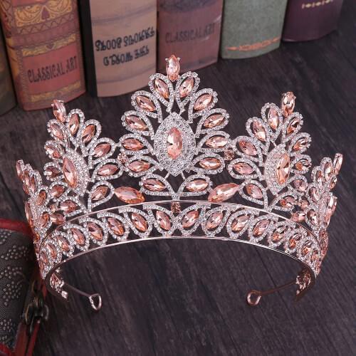 Baroque Rose Gold Pink Big Rhinestone Bridal Tiaras Crown Champagne Crystal Diadem Veil Tiara Headbands Wedding Hair Accessories