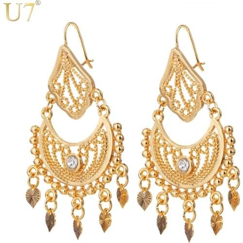 U7 Ethnic Earrings Indian Jewelry Classic Dangle Party Gift Gold Color Rhinestone Tassels Drop Earrings For Women E3030