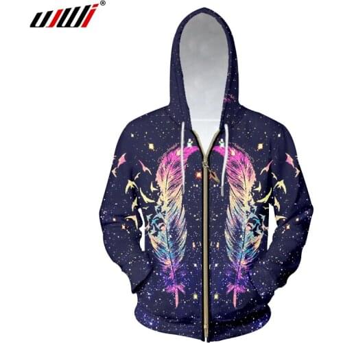 UJWI Men Zip Hoodies Print Galaxy Spae Sweatshirt Color Feather Hoodie Man Hip Hop Streetwear Tracksuits Punk Cardigan Jackets