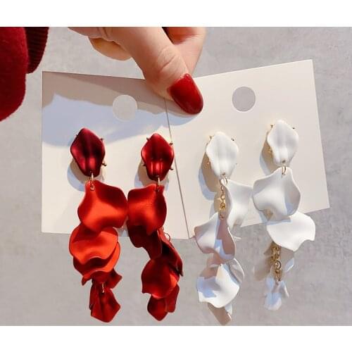 Vintage Female 952 Silver Plated Pin Long Earrings Rose Red Flower Petal Earrings 2020 Fashion Jewelry
