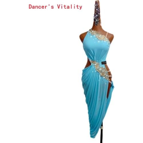 Latin Dance Competition Clothing Sexy Blue Embroidered Sleeveless Backless Skirt Female Chacha Professional Performance Service