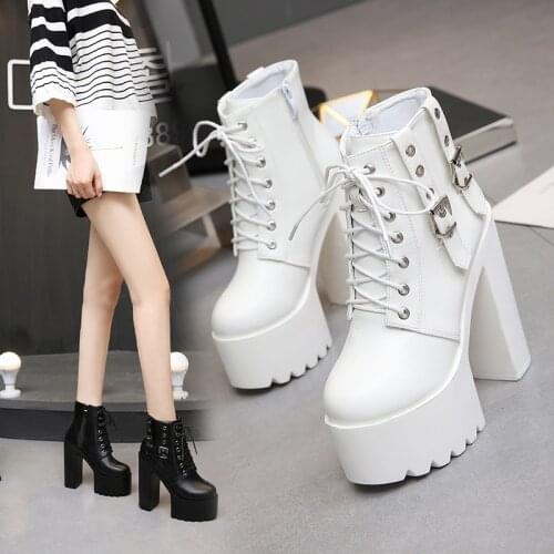 2020 Women Black White Ankle Boots 14.5cm Super High Heels Square Heels Boots Zip Rivet Insole Sexy Women Boots
