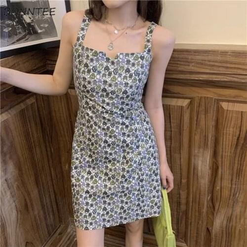 Dresses Womens Printing Spaghetti-strap Mini Ulzzang Elegant Sexy French Summer Retro Tender Stylish Prevalent Ladies Vestidos
