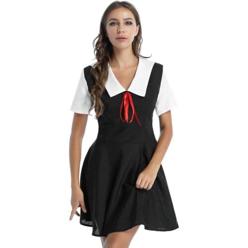 Women School Girls Cosplay Costumes Sailor Collar Short Sleeve Flared Dress Schoolgirl Anime Role Play Themed Party Sexy Uniform