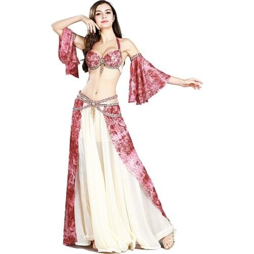 Gorgeous Stage Performance Belly dance costumes Women Rhinestones Belly Dance Outfit belly dancing Bra+Belt+Skirt+Arm Sleeves