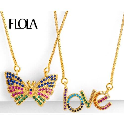FLOLA Rainbow Butterfly Necklaces & Pendant Woman CZ Minimalist Love Rainbow Necklace Gold Filled Jewelry collar arcoiris nkep79