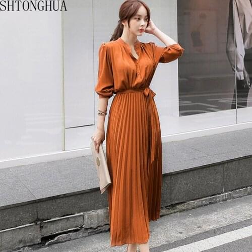 New 2020 Spring Women High Waisted Vintage Dresses Solid Color Elegant Chiffon Long Sleeve Pleated Dress Mid Long Dresses