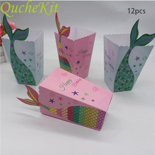 12pcs Pink Mermaid Tail Popcorn Paper Boxes Candy Cookie Bakery Gift Packaging Bags Baby Shower Happy Birthday Packing Gift Box