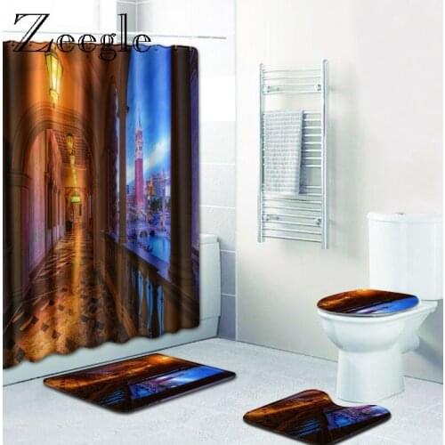 Zeegle 3D Building Pattern Bath shower Curtain with Rug Set Waterproof Curtain and Hooks Toilet U Type Mat Nonlip Bath Mat Set