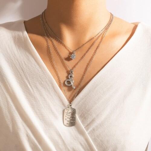 Docona New Trendy Geometry Letter Layered Necklace for Women Bohemian Silver Color Snake Crystal Adjustable Party Jewelry 18754