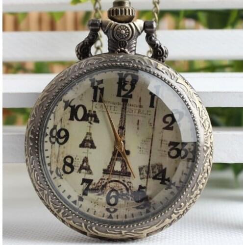 Fashion Glass Case Eiffel Tower Dial Design Pendant Pocket Watch With Necklace Chain Free Shipping Gift Woman
