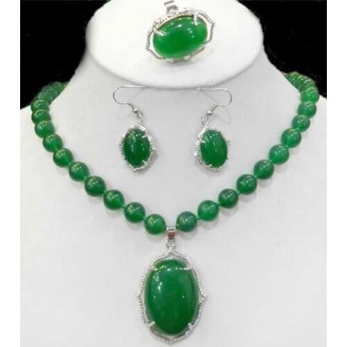 Natural Charming 8MM Green Jade Gemstone Necklace Ring Earring Jewelry Sets
