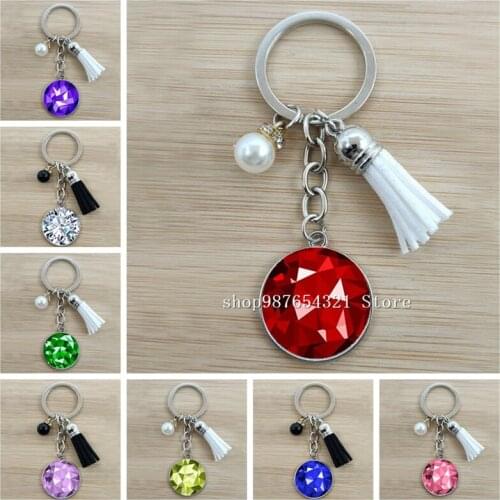 New birth stone key ring birthday stone glass round key ring pendant bag chain friend lover jewelry gift love gif
