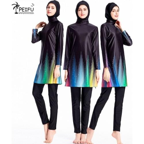PEIFU Three Pieces Burkini New Muslim Swimsuit Fashion Hasema Without Pad Swimwear For Islamic Women Print Musulman Swim Wear