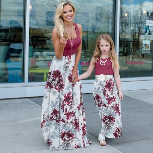 Mommy And Me Daughter Matching Dress Family Outfits Sleeveless Patchwork Long Dresses Mom Daughter Vestito Look Mum Flower Dress
