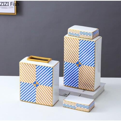 European-style Flat Square Ceramic Storage Jar Desktop Ornaments Abstract Striped Vase Sealed Storage Jar Crafts Home Decoration