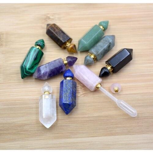 Natural Gems-stone Hexagon prism Bottle pendant essential oil diffuser gold-plated Chakra Crystal lapis vial for necklace
