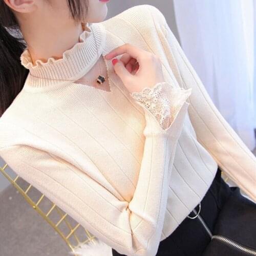 Half High Neck Pullover Sweater Womens 2021 Spring Autumn New Korean Fashion Loose Ruffle Solid Color All-Match Knitting Sweater