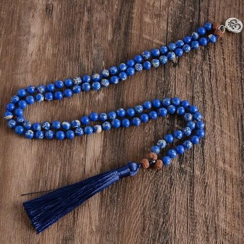 Rudraksha & Natural Stone Beaded Knotted 108 Mala Necklace Meditation Yoga Love Lucky Japamala Jewelry with Small Iron Pieces