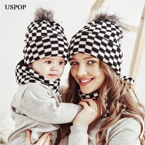 USPOP 4 pieces Winter Babys Hat Sets Thick Warm Scarf Hat Sets Cute Pom pom Plaid Skullies Cap for Mom and Kid