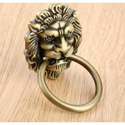 Vintage Bronze Door Cabinet Dresser Drawer Pull Handle Ring Knob 91*51mm Antique Lion Head Furniture Handles with Screws
