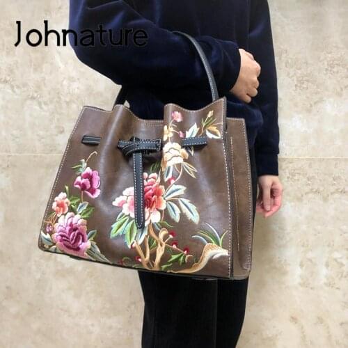 Johnature Retro Pleated Women Bag 2021 New Chinese Style Embroidery Leather Handbag Casual Tote Large Capacity Shoulder Bags