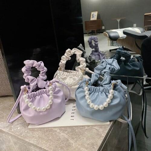 Women Fashion Mini PU Pleated Messenger Bag Classic Pearl Handle Shoulder Handbags Elegant Female Daily Party Sling Money Purse