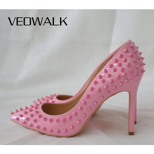 Veowalk Light Pink Women Rivets Pointy Toe High Heels Sexy Ladies Slip On Stilettos Pumps Chic Spikes Heeled Party Shoes