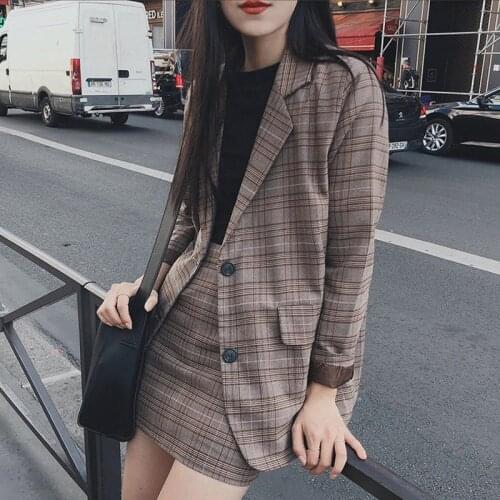 Elgland Style 2021 Autumn Casual Office Lady Chic Vintage Women Fashion Clothing Suit Plaid Blazer+Mini Skirt 2 Piece Set