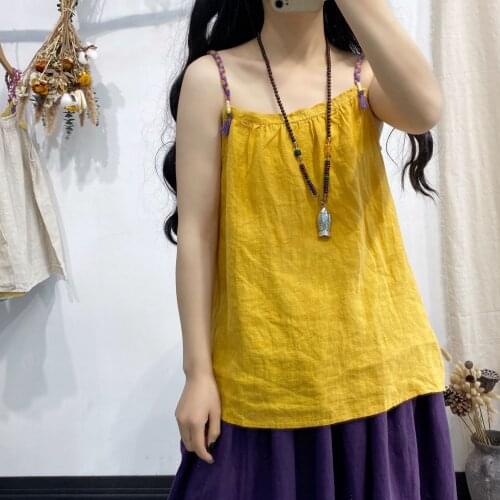 Women Loose Patchwork Camis Ladies Linen Camis Tops Female Flax National Style Knitted Strap Camis Spaghetti Strap Tops